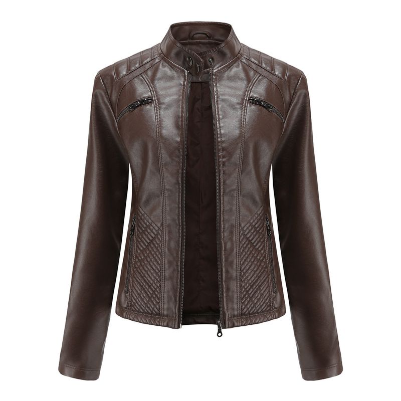 TIOZONEY - Chaqueta de PU casual PU cuello alto - Café