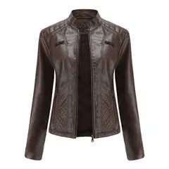 TIOZONEY - Chaqueta de PU casual PU cuello alto - Café