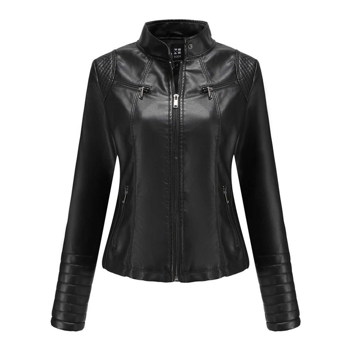 TIOZONEY - Chaqueta de PU casual PU cuello alto - Negro