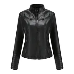 TIOZONEY - Chaqueta de PU casual PU cuello alto - Negro