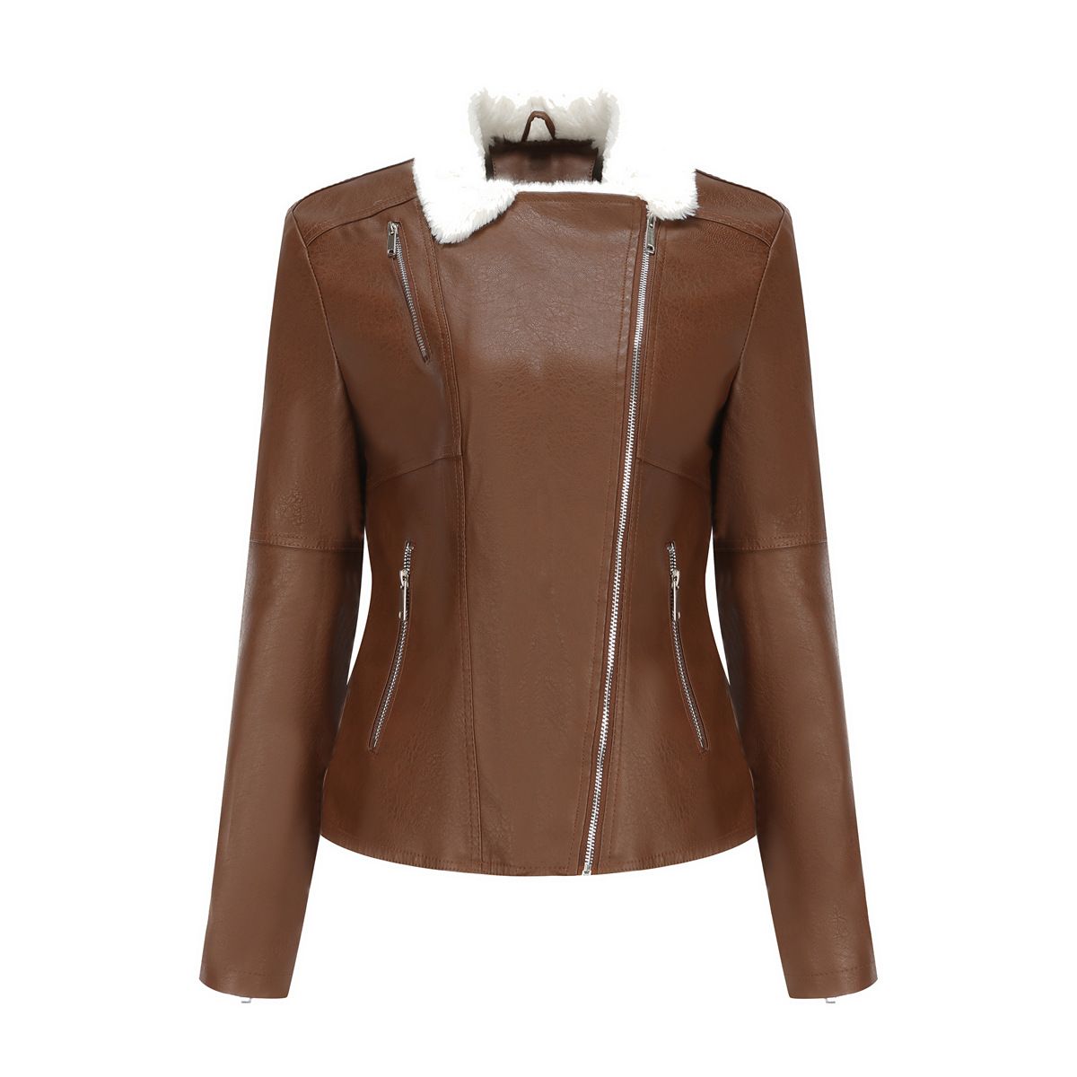 TIOZONEY - Chaqueta de PU con cuello cálido para mujer - Café