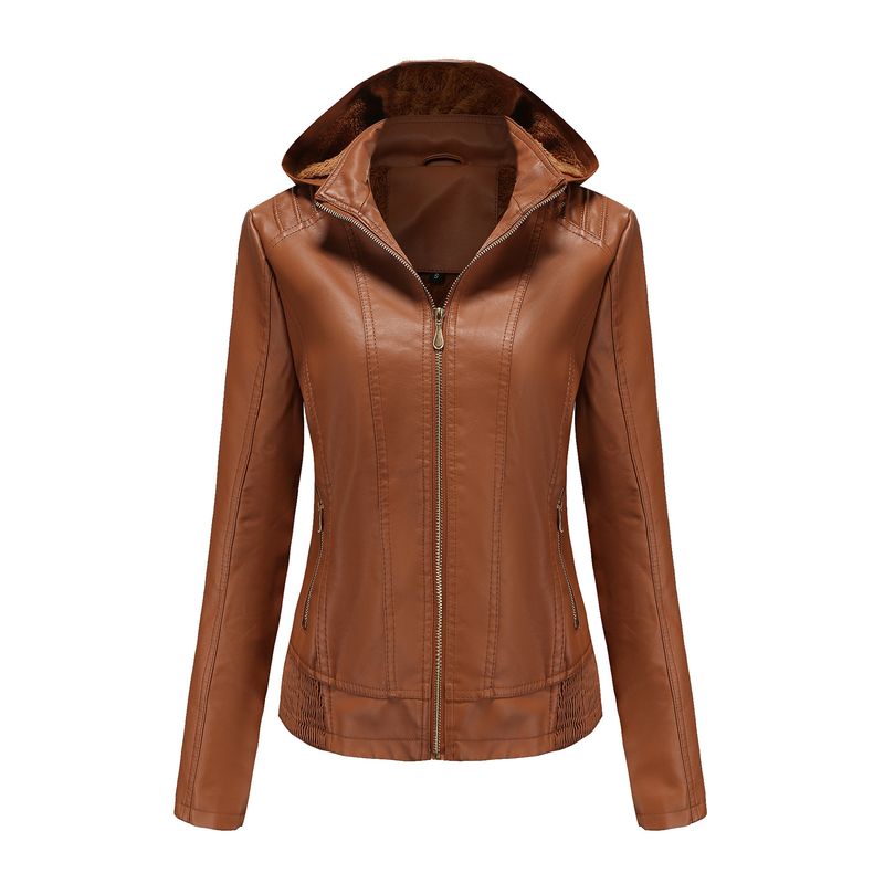 TIOZONEY - Chaqueta de PU para mujer con gorro desmontable - Café Claro
