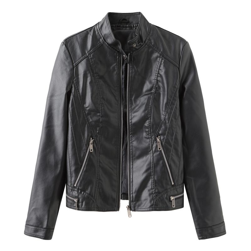 TIOZONEY - Chaqueta de PU con cuello para mujer - Negro