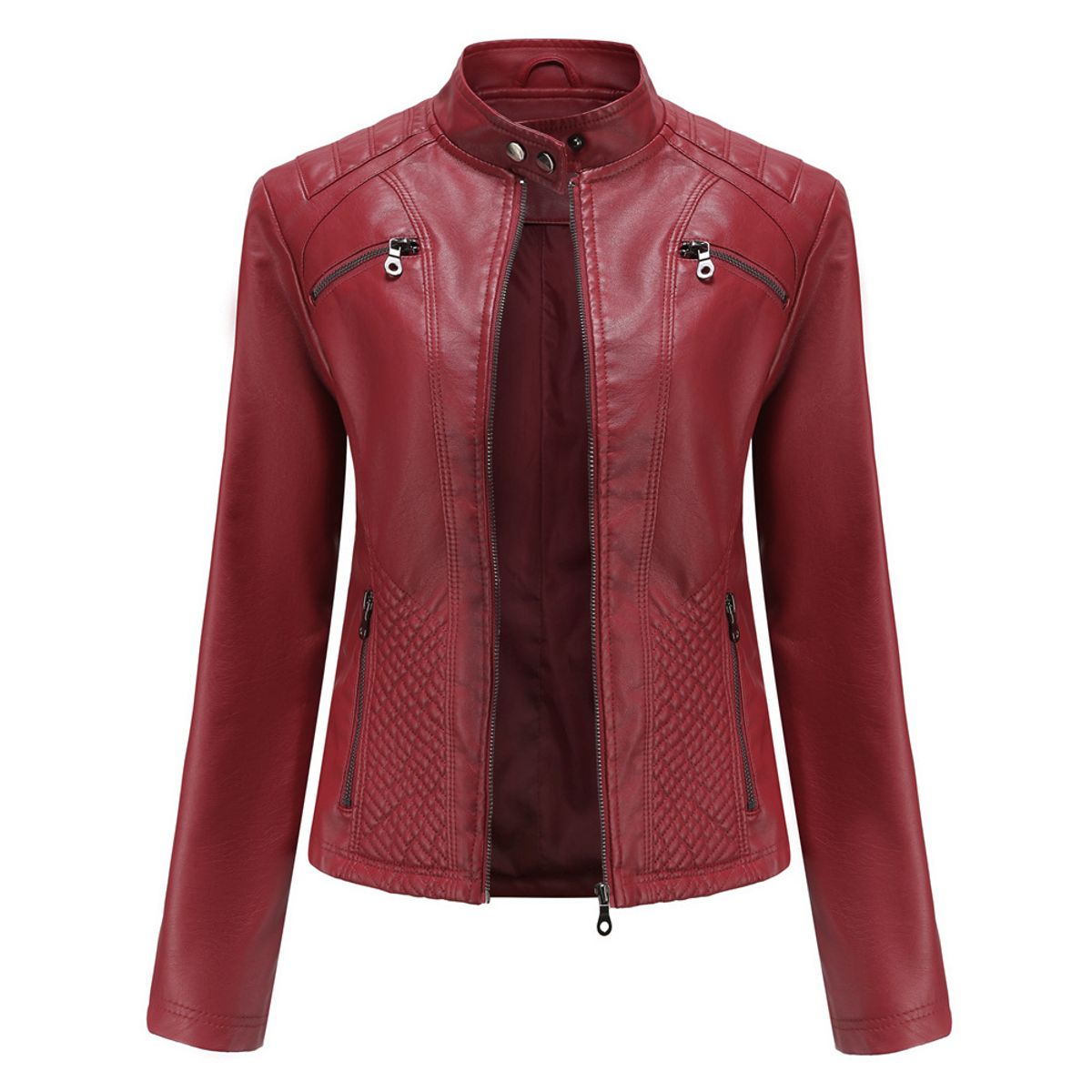 TIOZONEY - Chaqueta de PU casual PU cuello alto - Rojo