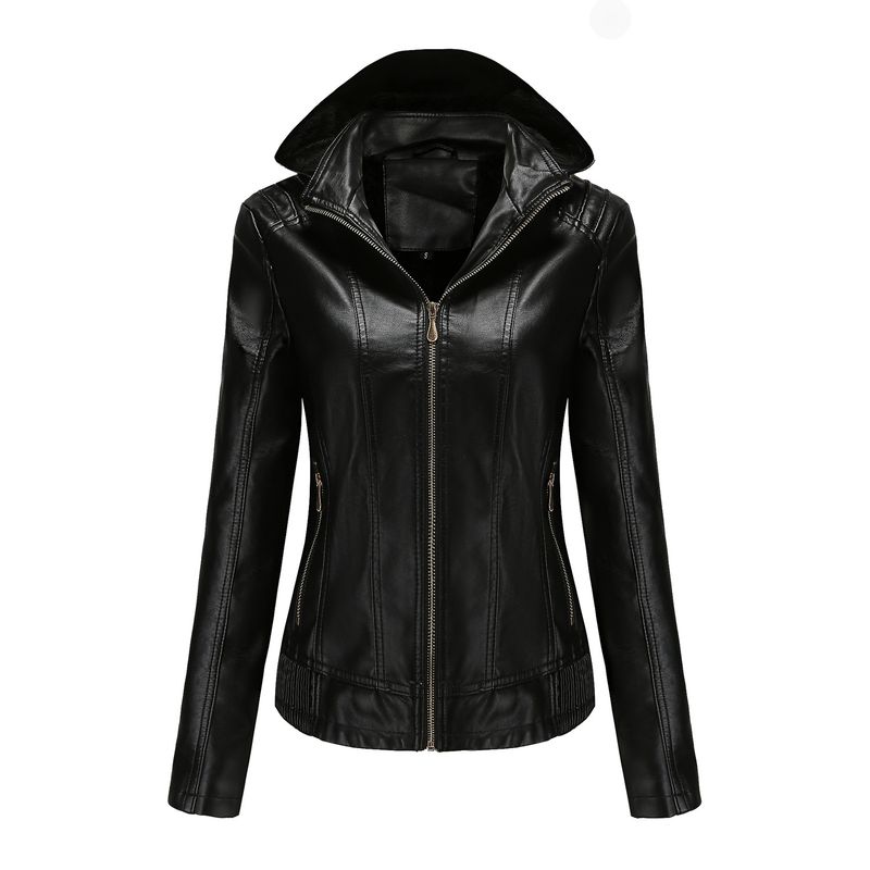TIOZONEY - Chaqueta de PU para mujer con gorro desmontable - Negro