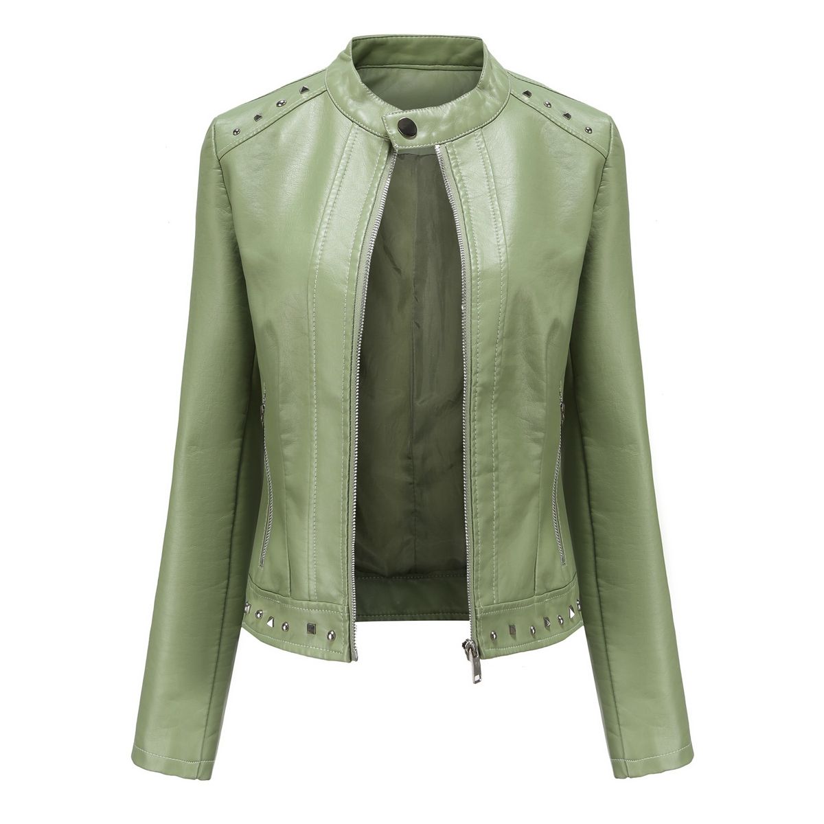TIOZONEY - Chaqueta de PU con tachuelas y cuello alto para mujer - Verde