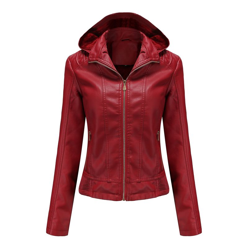 TIOZONEY - Chaqueta de PU para mujer con gorro desmontable - Rojo