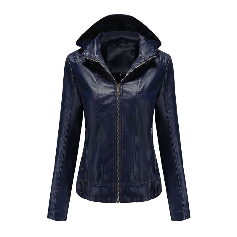 TIOZONEY - Chaqueta de PU para mujer con gorro desmontable - Azul