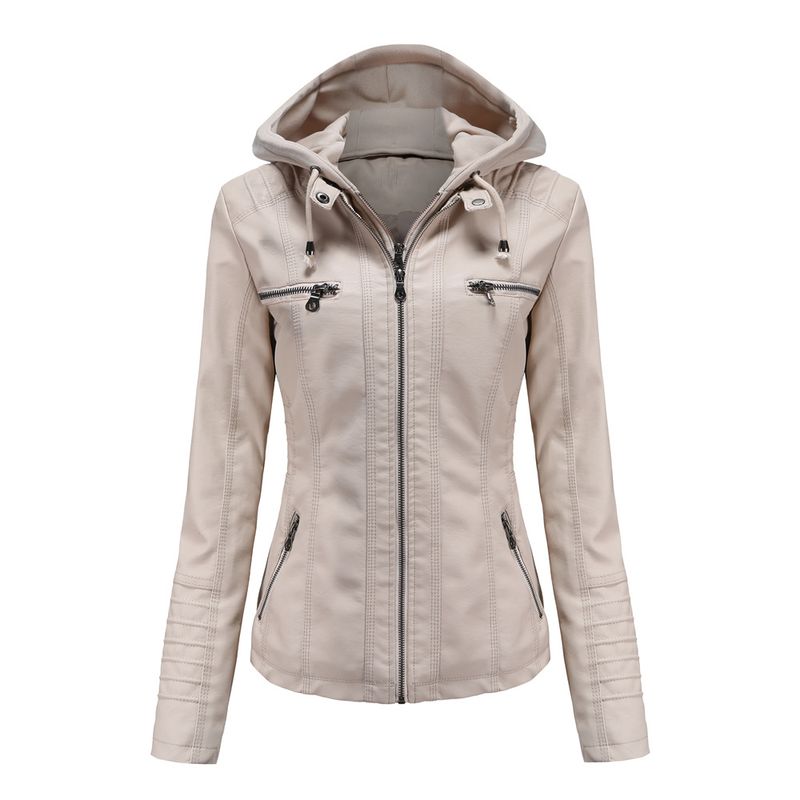 TIOZONEY - Chaqueta de PU con gorro para mujer - Crema
