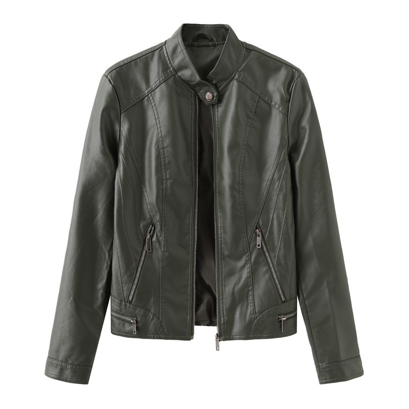 TIOZONEY - Chaqueta de PU con cuello para mujer - Verde