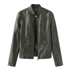 TIOZONEY - Chaqueta de PU con cuello para mujer - Verde