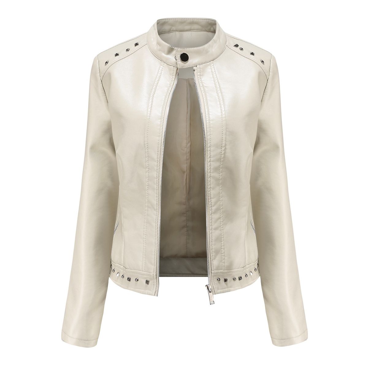 TIOZONEY - Chaqueta de PU con tachuelas y cuello alto para mujer - Blanco