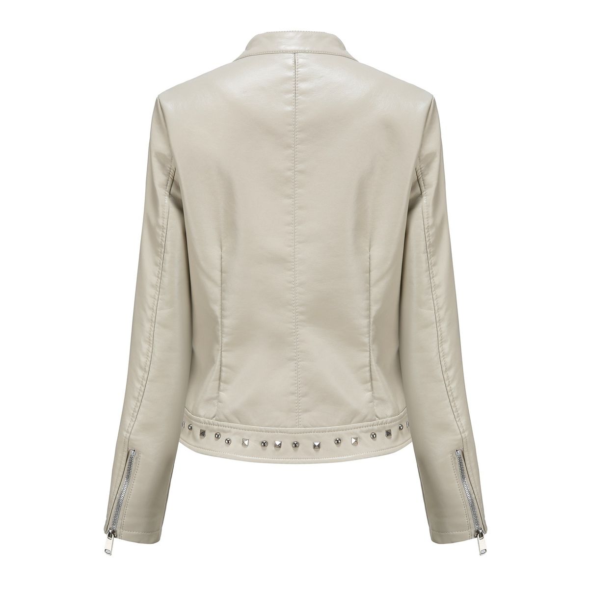 TIOZONEY - Chaqueta de PU con tachuelas y cuello alto para mujer - Blanco