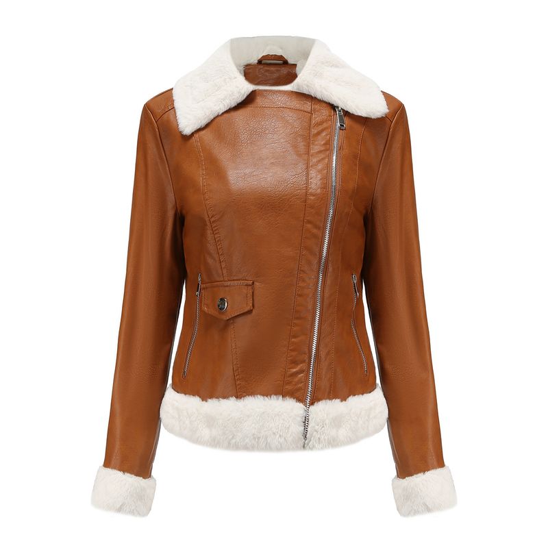 TIOZONEY - Chaqueta de PU cálida para mujer- Café Claro