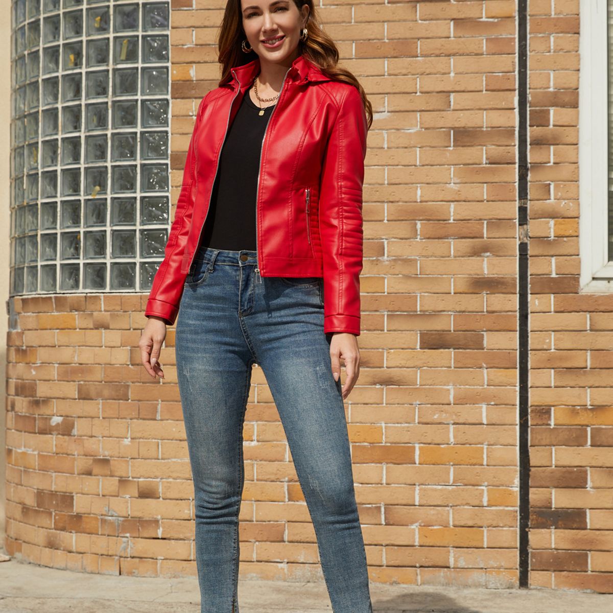 TIOZONEY - Chaqueta de PU con gorro desmontable para mujer - Rojo