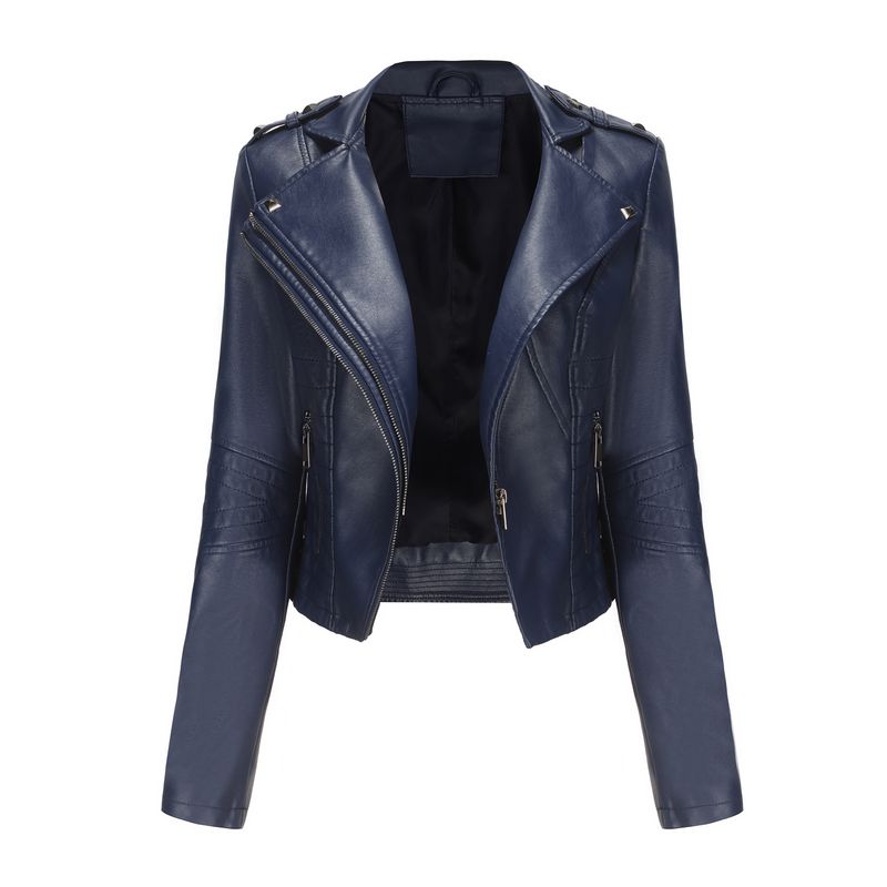 TIOZONEY - Chaqueta de PU de manga larga con tachas para mujer -Azul