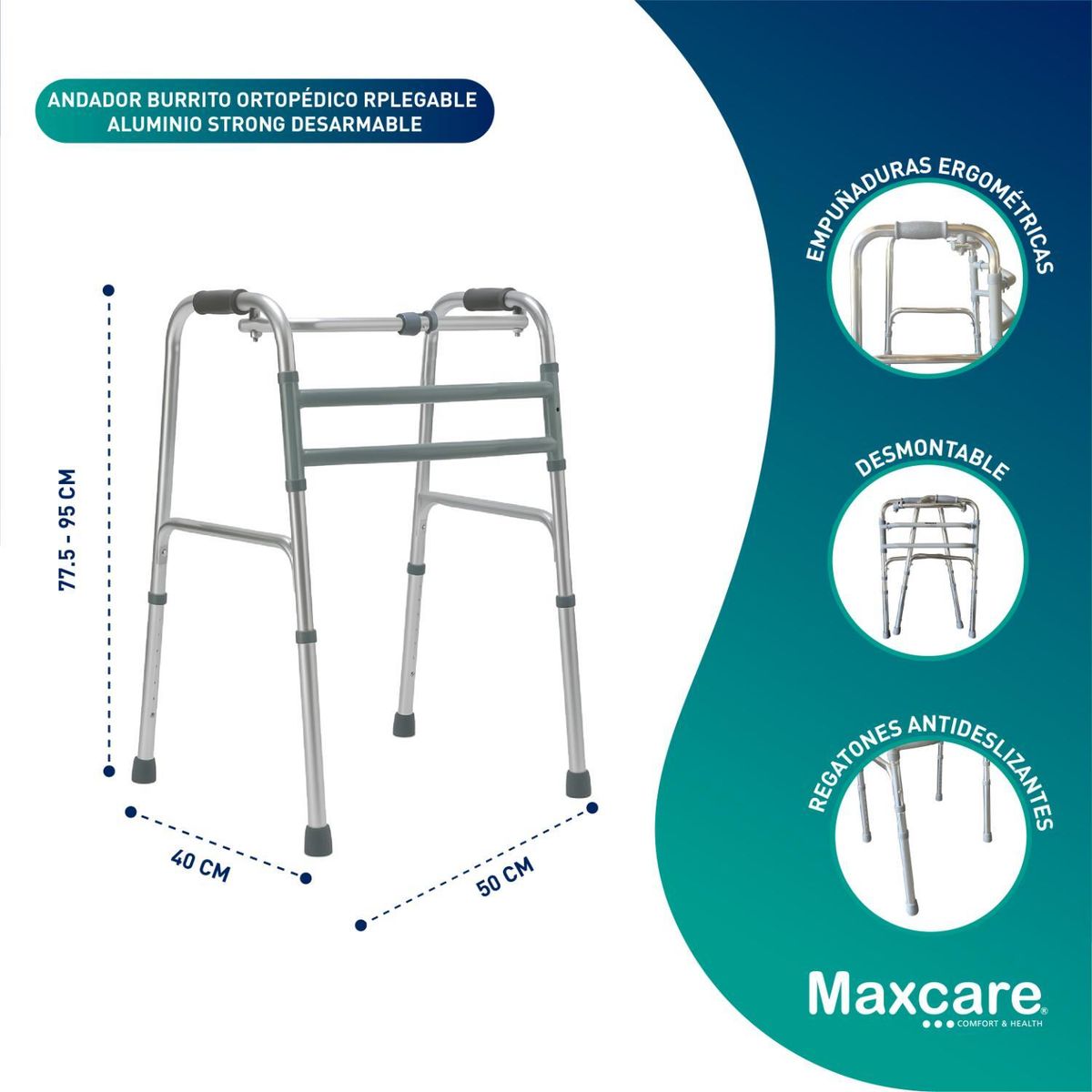 MAXCARE - Andador Burro Ortopédico Plegable Paso a Paso Aluminio Strong MAXCARE
