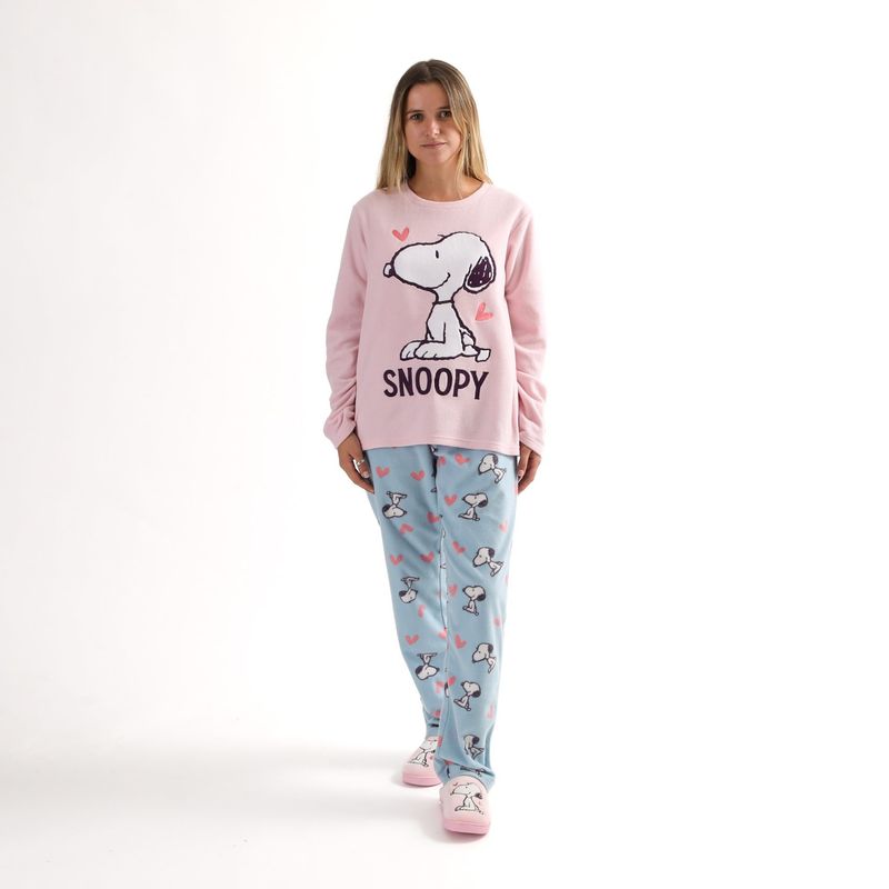 SNOOPY - Pijama Polar Mujer Corazones Rosado Snoopy