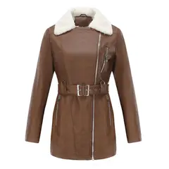 TIOZONEY - Abriigo de PU acolchada con cinturón para mujer - Café