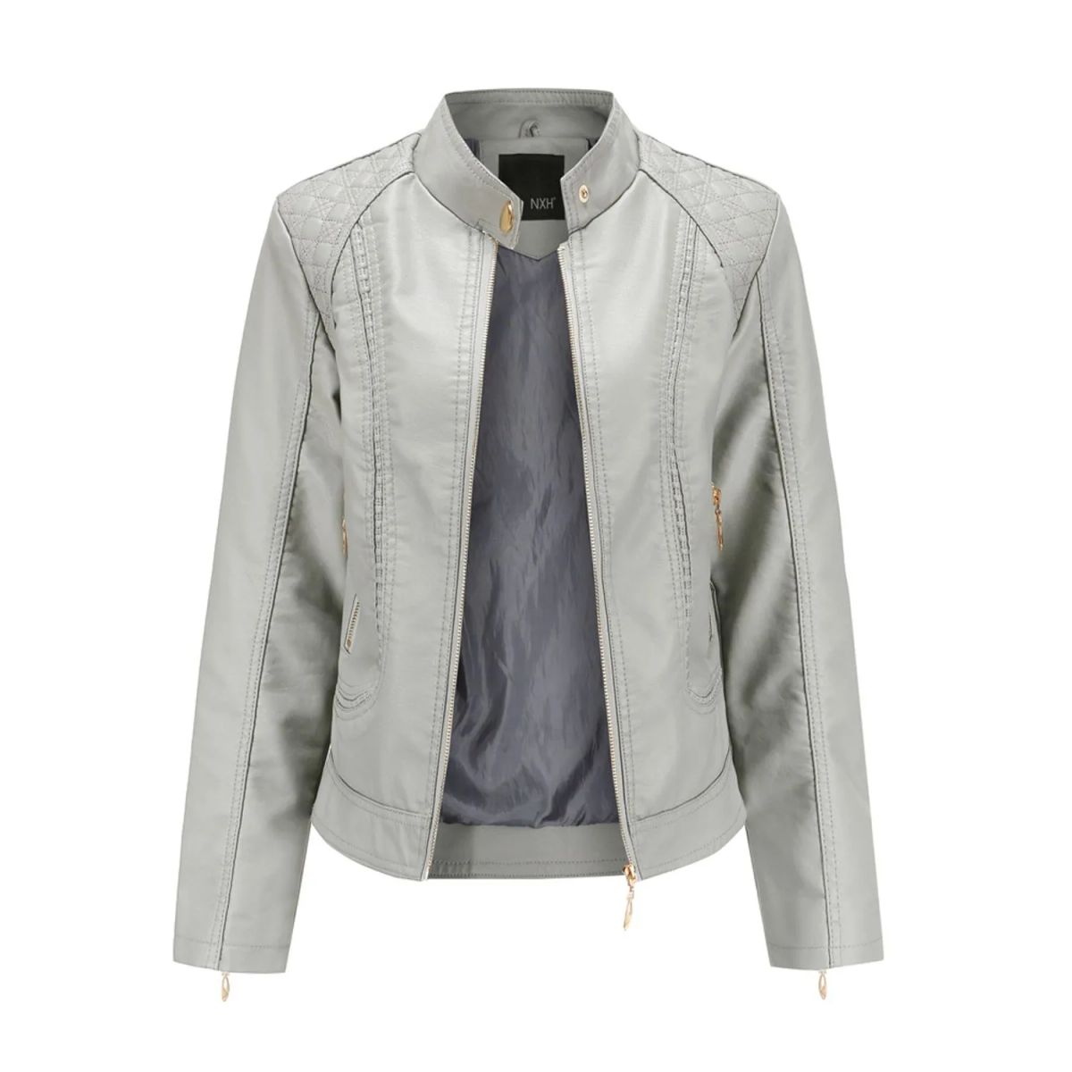 TIOZONEY - Chaqueta de PU casual PU cuello alto - Verde