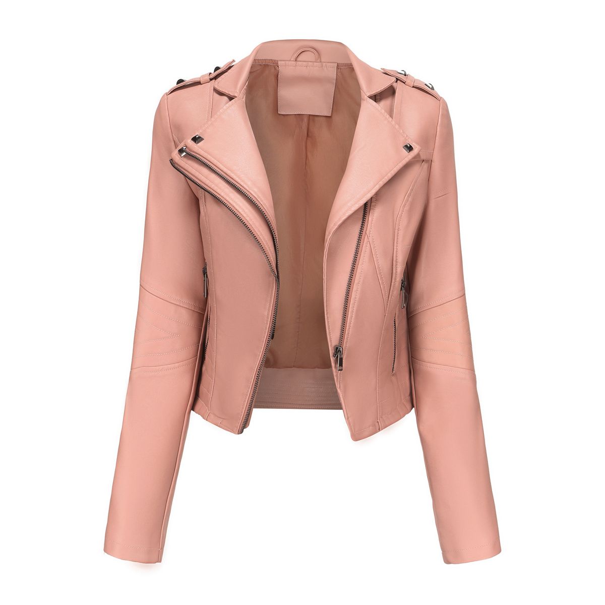 TIOZONEY - Chaqueta de PU de manga larga con tachas para mujer -Rosado