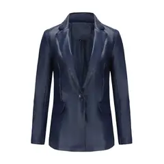 TIOZONEY - Abrigo de PU de manga larga de color sólido para mujer - Azul