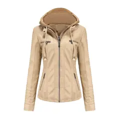 TIOZONEY - Chaqueta de PU con gorro para mujer - Beige