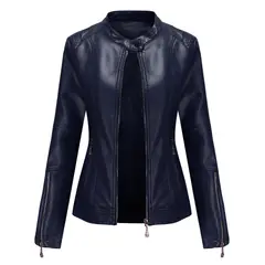 TIOZONEY - Chaqueta corta de PU para mujer- Azul