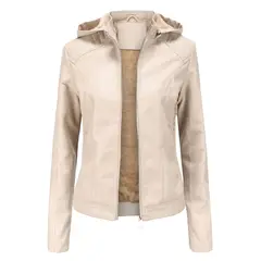 TIOZONEY - Chaqueta de PU para mujer PU cálida para mujer - Crema