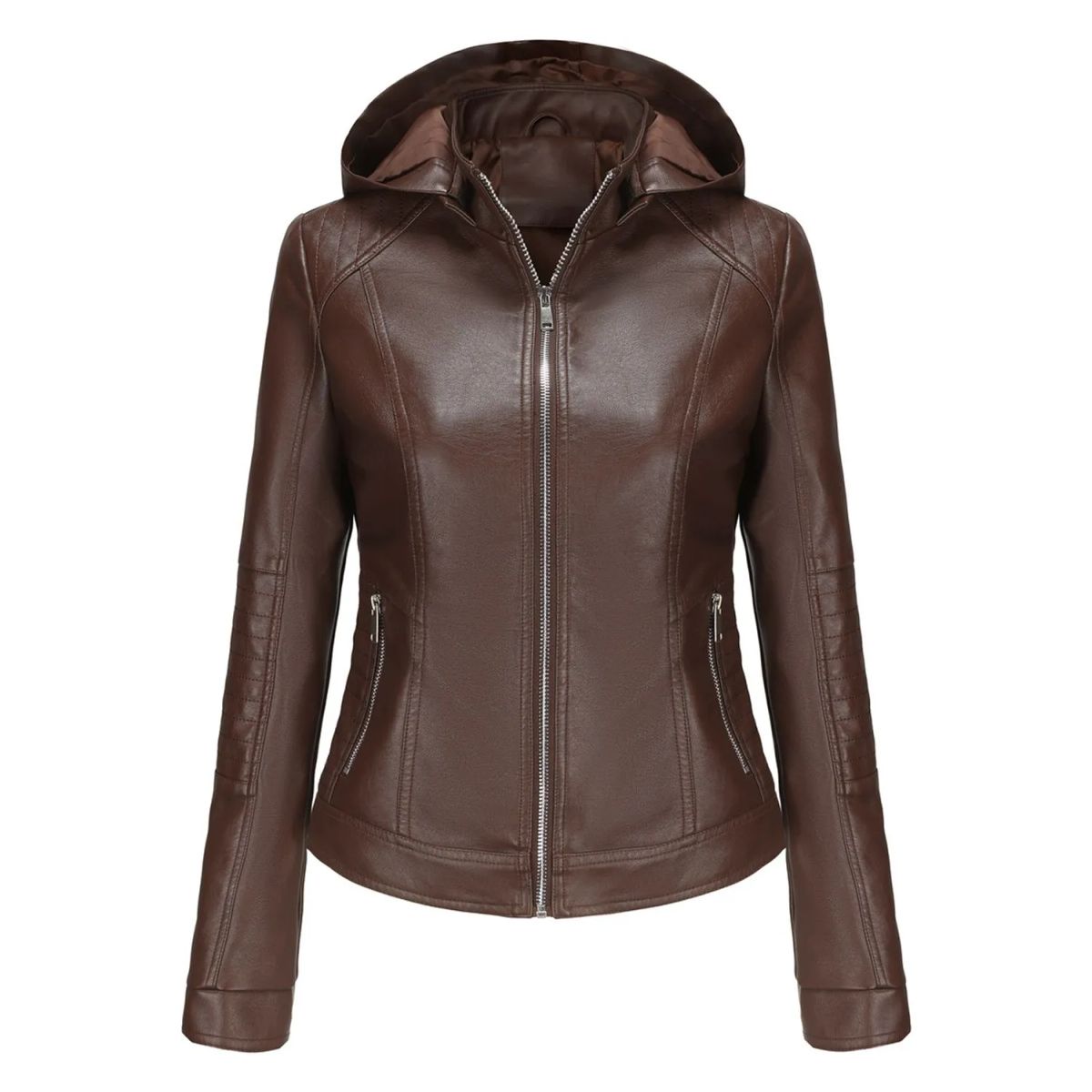 TIOZONEY - Chaqueta de PU con gorro desmontable para mujer - Café
