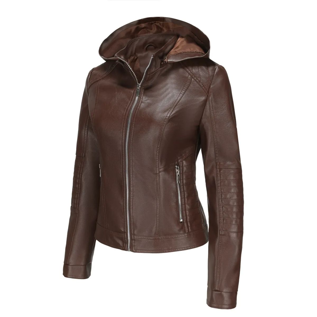 TIOZONEY - Chaqueta de PU con gorro desmontable para mujer - Café
