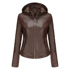 TIOZONEY - Chaqueta de PU con gorro desmontable para mujer - Café