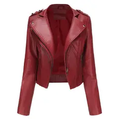 TIOZONEY - Chaqueta de PU de manga larga con tachas para mujer -Rojo