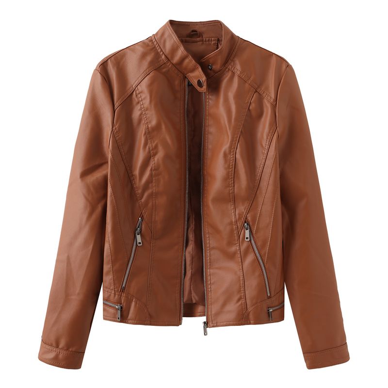TIOZONEY - Chaqueta de PU con cuello para mujer - Café
