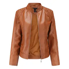 TIOZONEY - Chaqueta de PU casual PU cuello alto - Café