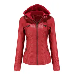 TIOZONEY - Chaqueta de PU con gorro para mujer - Rojo