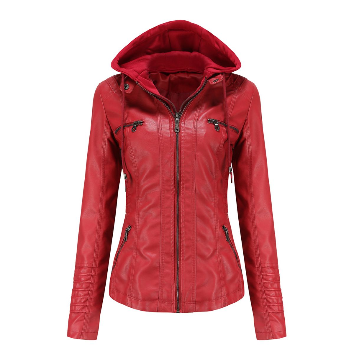 TIOZONEY - Chaqueta de PU con gorro para mujer - Rojo