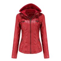 Chaqueta de PU con gorro para mujer - Rojo