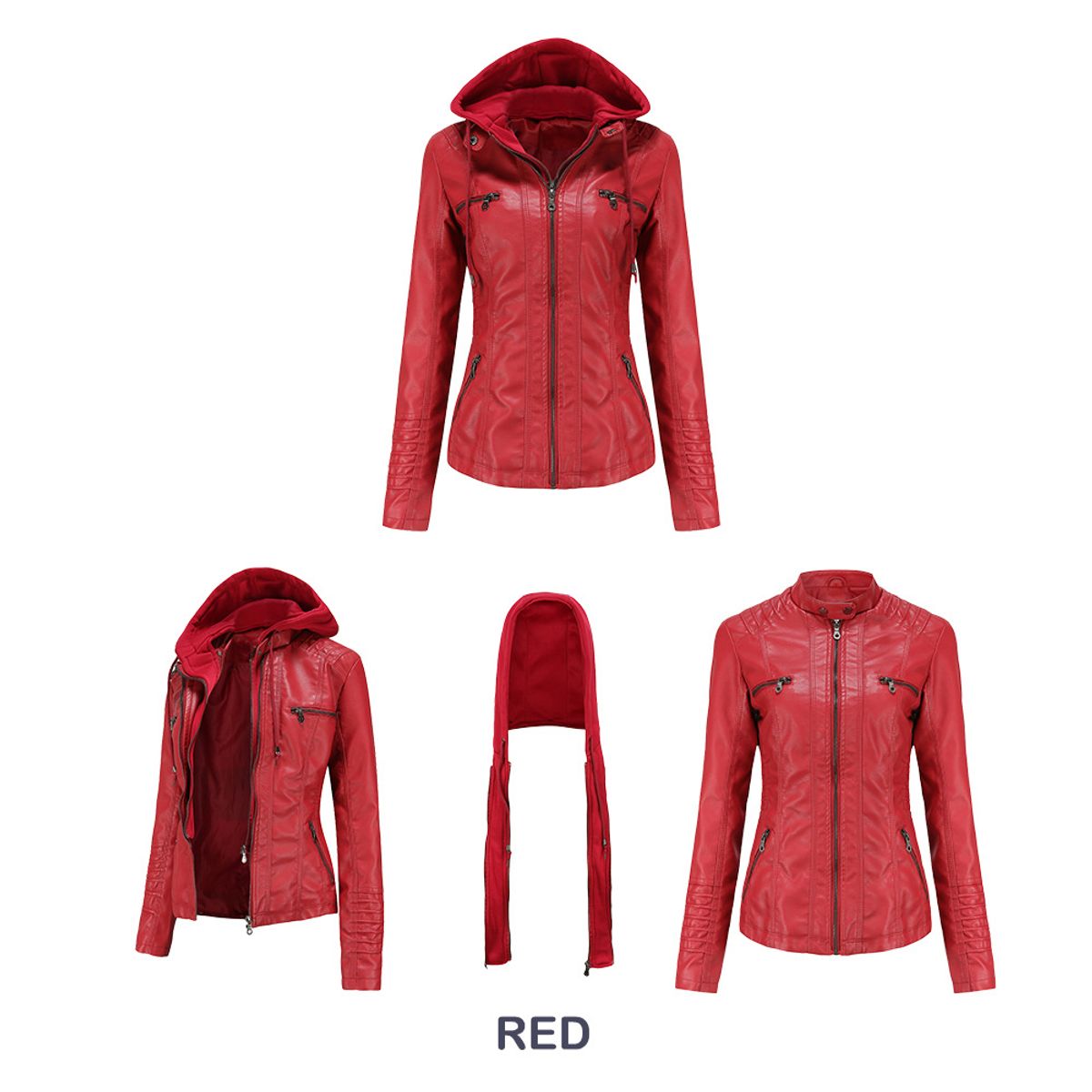 TIOZONEY - Chaqueta de PU con gorro para mujer - Rojo
