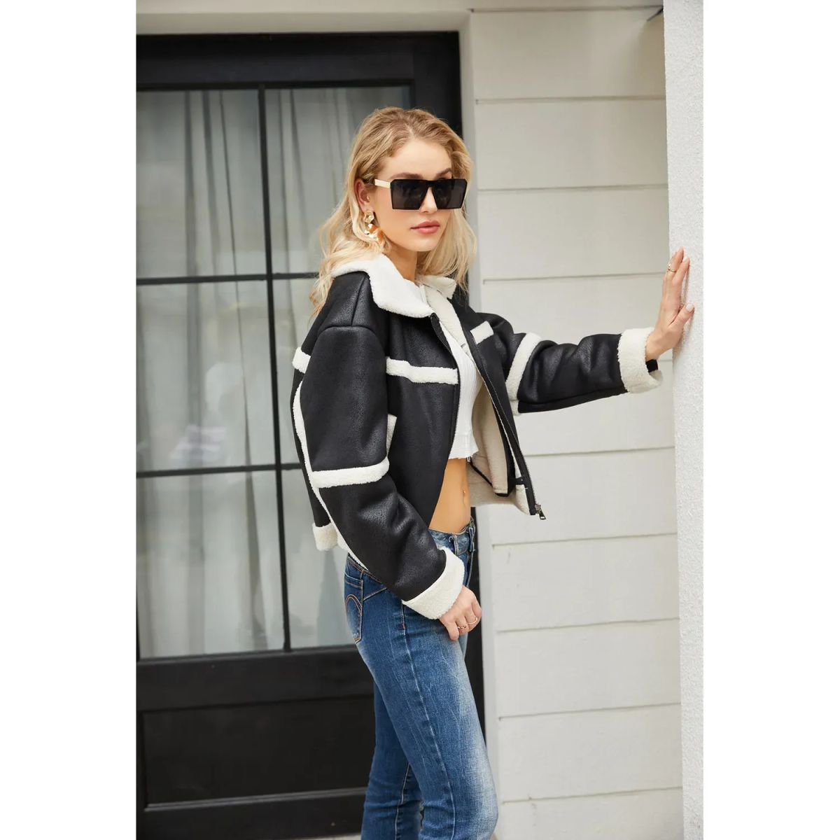 TIOZONEY - Chaqueta de PU acolchada de moda para mujer - Negro