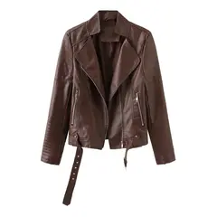 TIOZONEY - Chaqueta de PU con cuello en V de mujer - Café