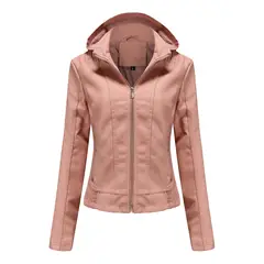 TIOZONEY - Chaqueta de PU para mujer con gorro desmontable - Rosado Claro