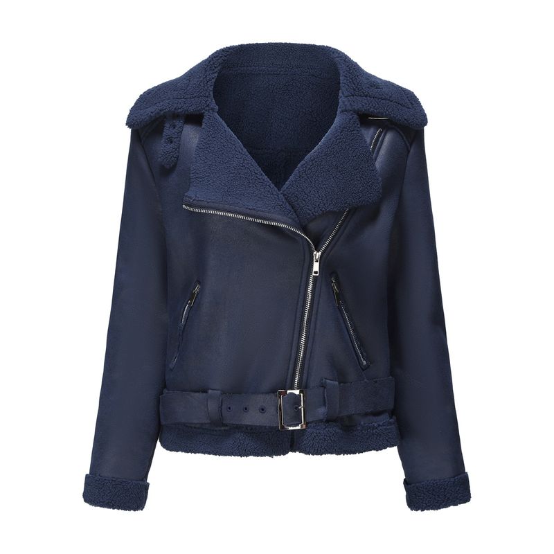 TIOZONEY - Chaqueta cálida de PU con cinturón para mujer - Azul