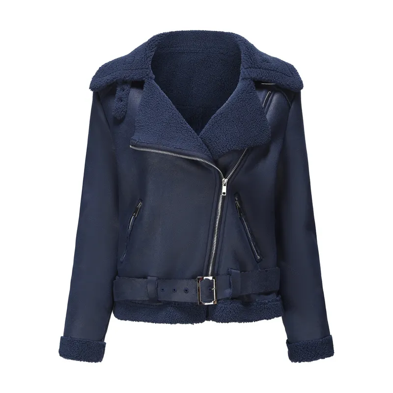 TIOZONEY - Chaqueta cálida de PU con cinturón para mujer - Azul