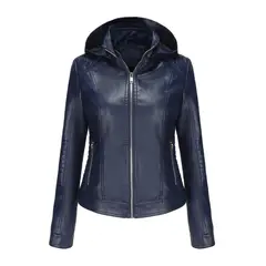 TIOZONEY - Chaqueta de PU con gorro desmontable para mujer - Azul