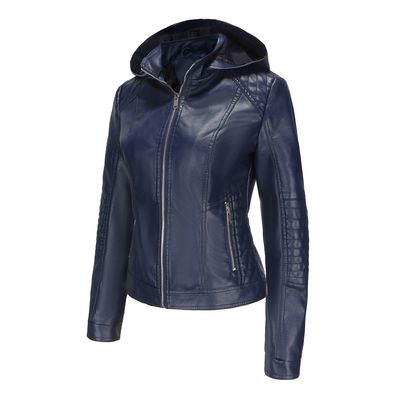 Imagen 2 del producto Chaqueta de PU con gorro desmontable para mujer - Azul