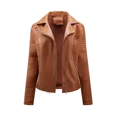 TIOZONEY - Chaqueta de PU cierre cruzado para mujer - Café Claro