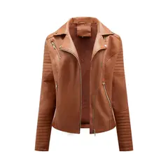 TIOZONEY - Chaqueta de PU cierre cruzado para mujer - Café Claro