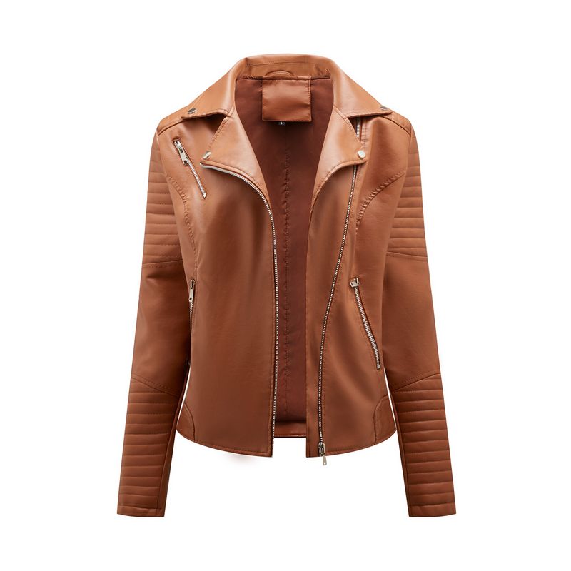 TIOZONEY - Chaqueta de PU cierre cruzado para mujer - Café Claro