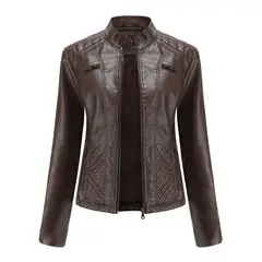 TIOZONEY - Chaqueta de PU casual PU cuello alto - Café